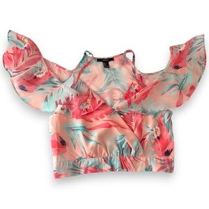 FOREVER 21 Tropical Floral Off-Shoulder Cropped Top S